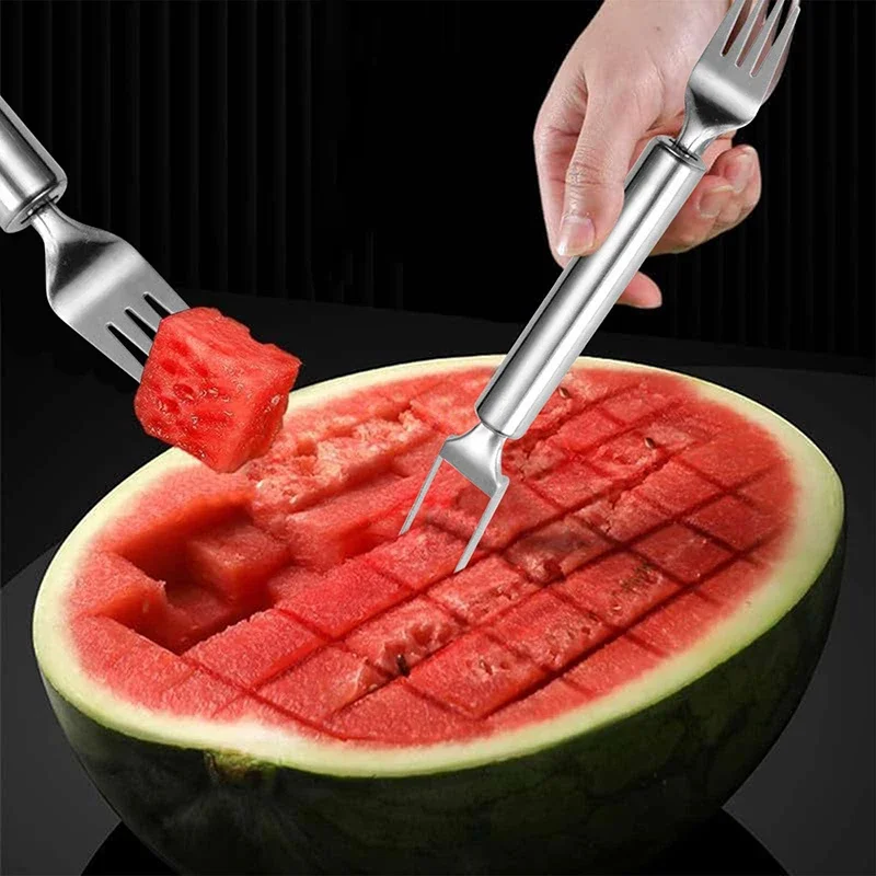 Watermelon Slicer Cutter - อเนกประสงค์แบบพกพา 2In1 เครื่องตัดแตงโมส้อมเครื่องตัดแตงโมมีดสแตนเลสสตีลส้อมตัดผลไม้
