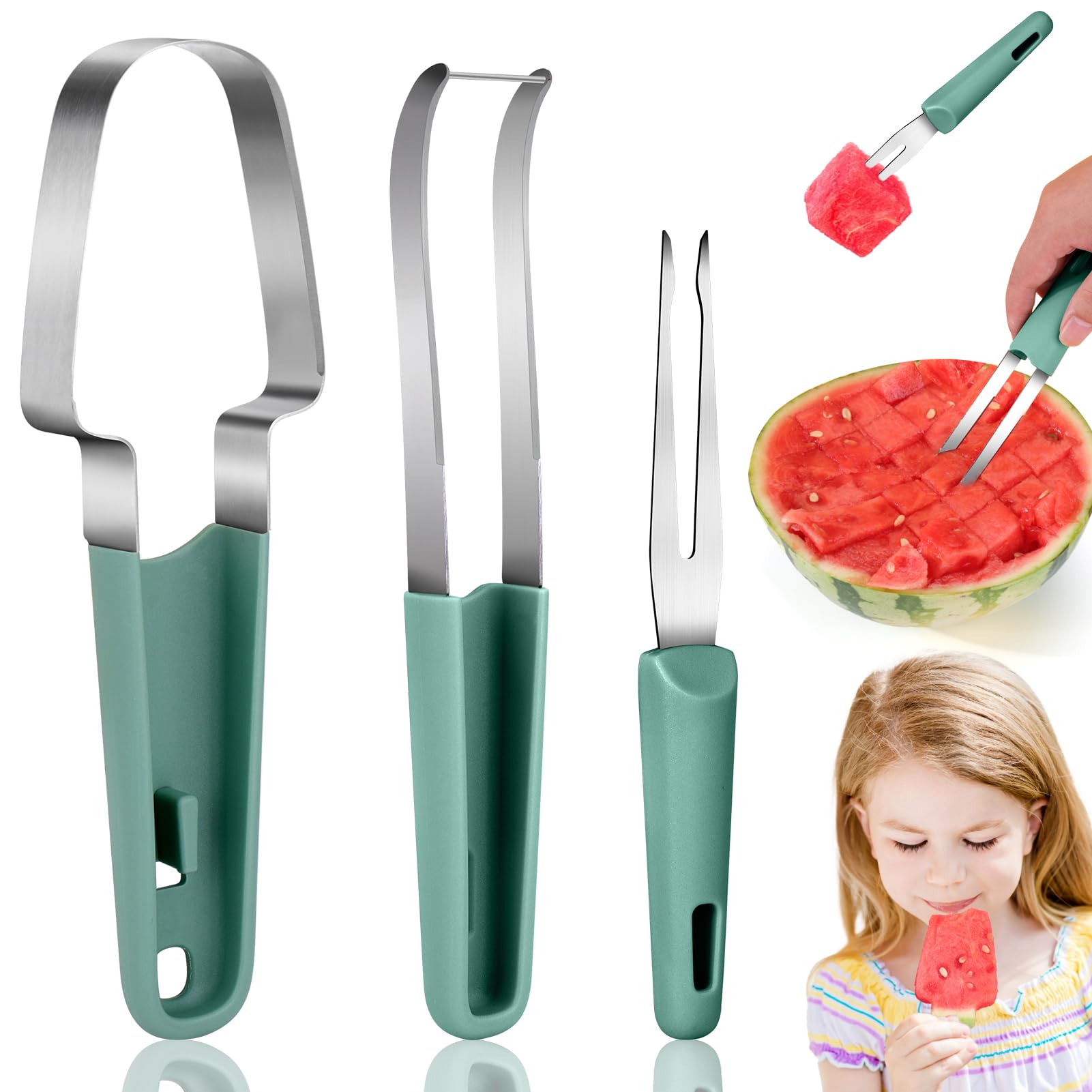 Watermelon Slicer Cutter - ชุดส้อมตัดแตงโม 3 in 1 พร้อมที่ตัดและมีดสแตนเลส สำหรับใช้ในครัวเรือน