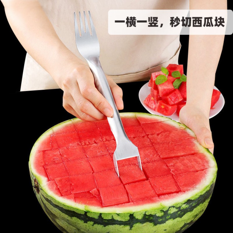 Watermelon Slicer Cutter - เครื่องตัดแตงโมสแตนเลสเครื่องตัดแฟนซีส้อมผลไม้อเนกประสงค์ในครัวเครื่องใช้ในบ้าน